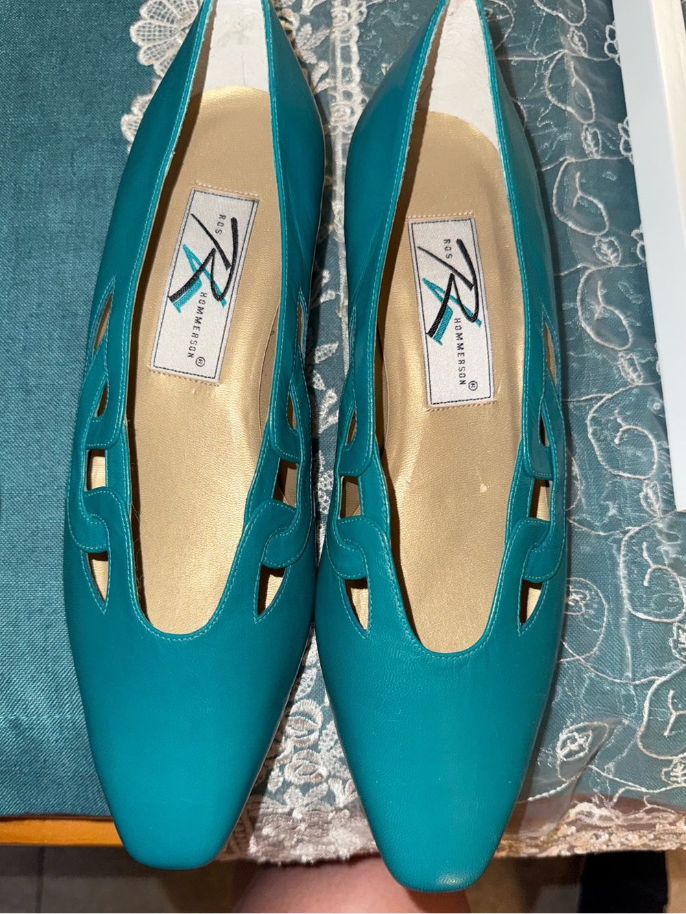 Teal Cutout Leather kitten heels